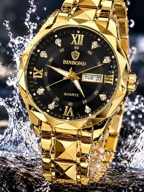 Men's Gold and Black Quartz Watch with Day-Date